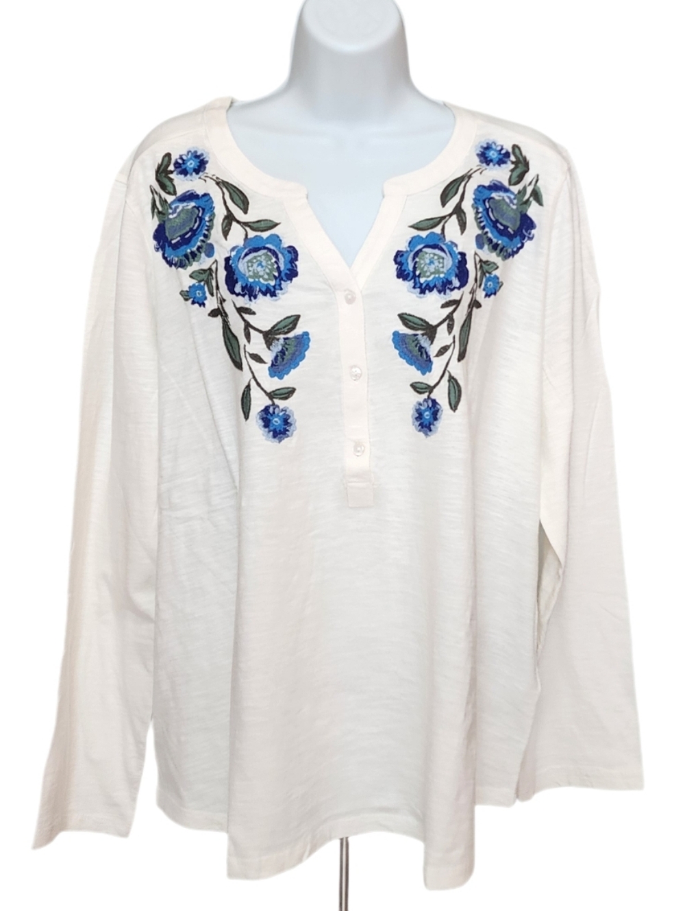 Style & Co. Plus Size Floral Embroidered Henley Knit Top Long Sleeve Cream 2X